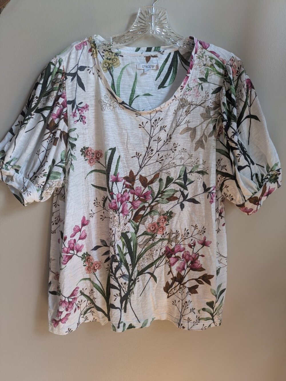 Chicos white floral shirt puffed sleeves size XL cotton/modal #661